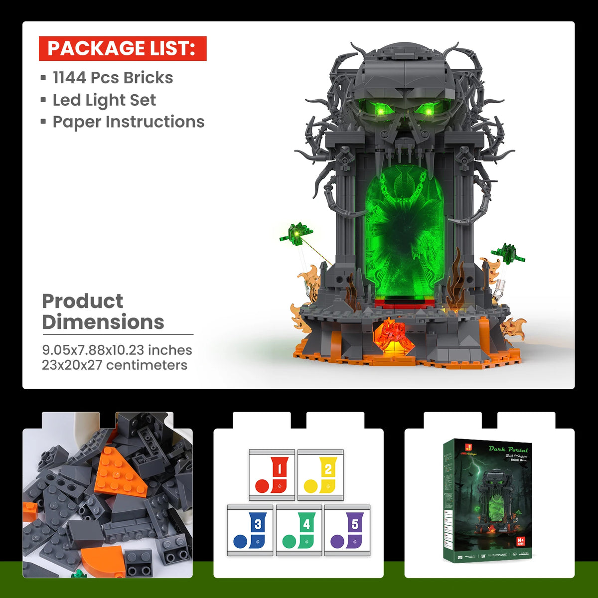 JMBricklayer 1144PCS Dark Portal LED Light Up Building Blocks Model Kit Gothic Skull Gate Fantasy Display for Adults Gamers Halloween Decor