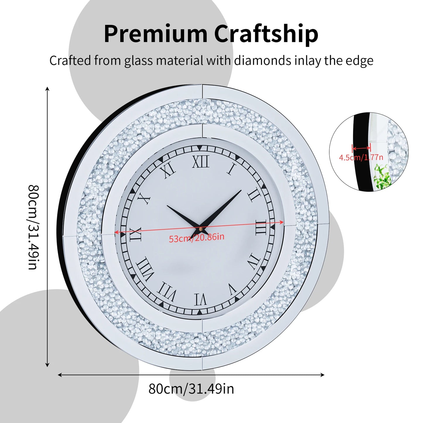 Round Mirror Wall Clock With Crystals Sparkle Diamond Design