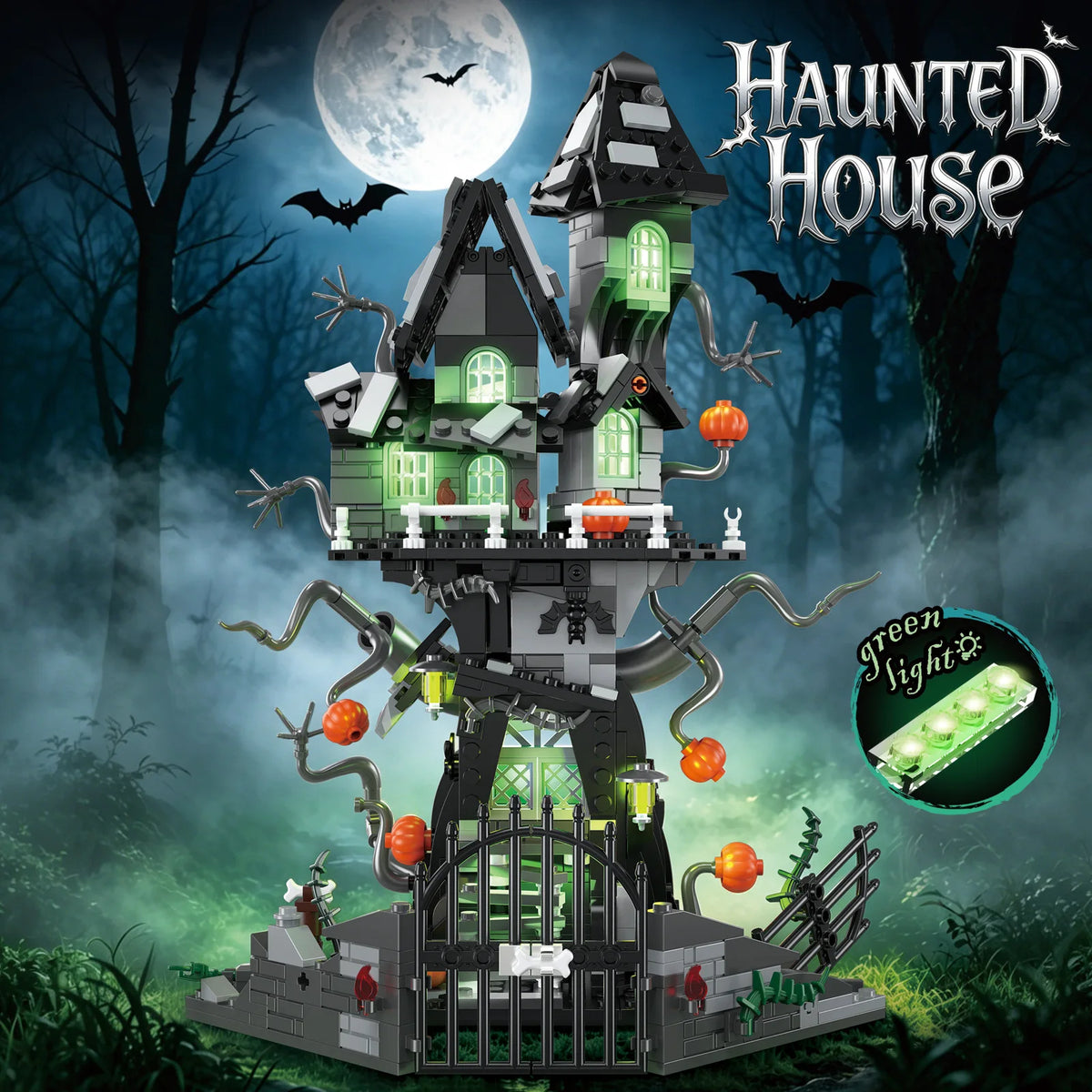 Classic The Evil Monster Haunted House Building Blocks with Lights Horror Pumpkin House Architecture Halloween Decor Toys Gifts