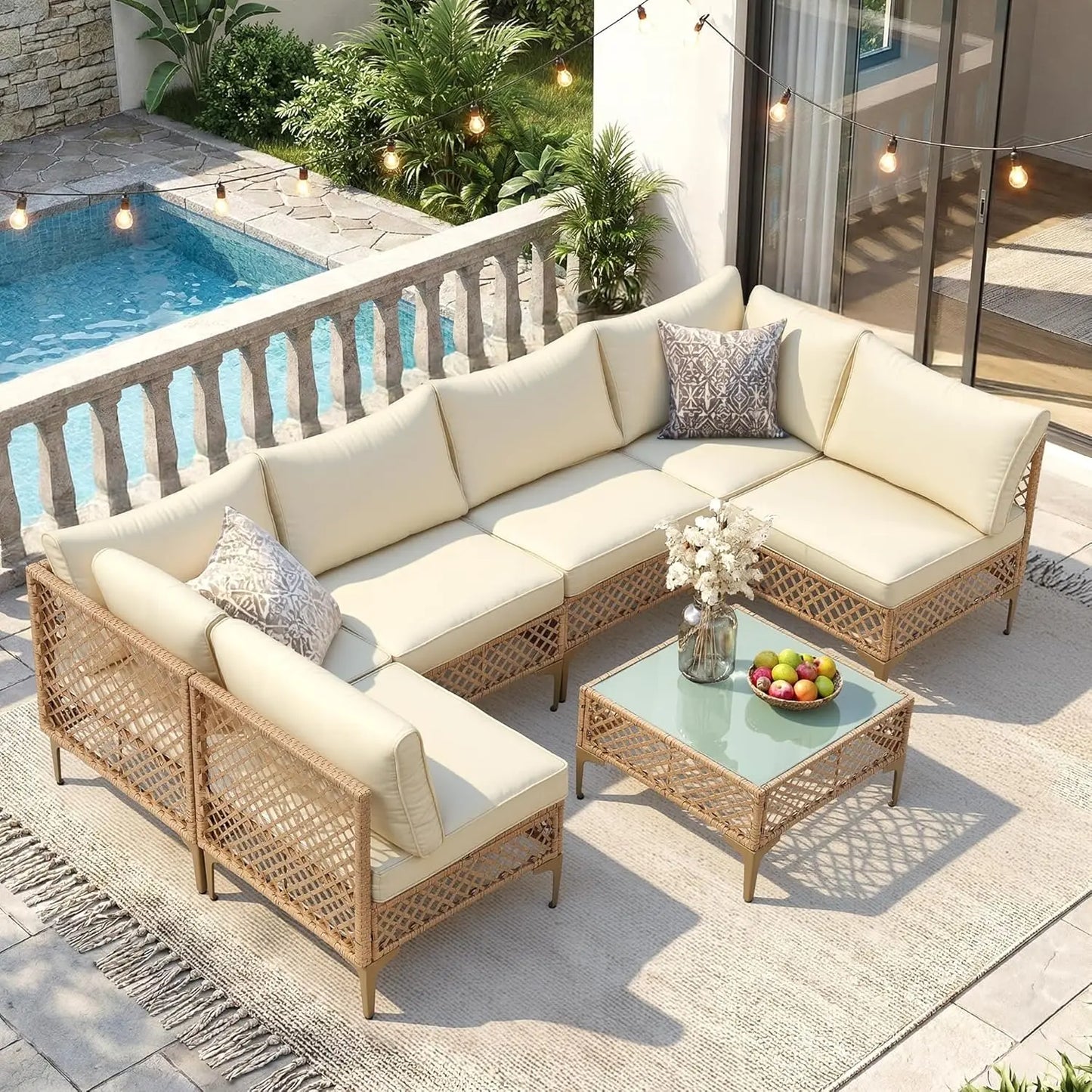 Outdoor Wicker Patio Sectional Sofa Set With Glass Coffee Table