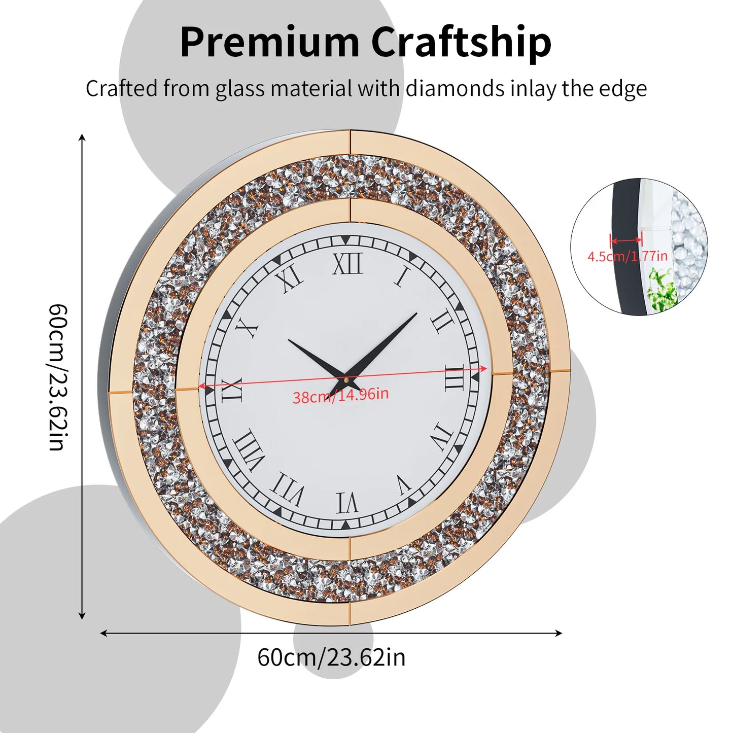 Elegant Crystal Mirror Wall Clock With Silent Needle Dial