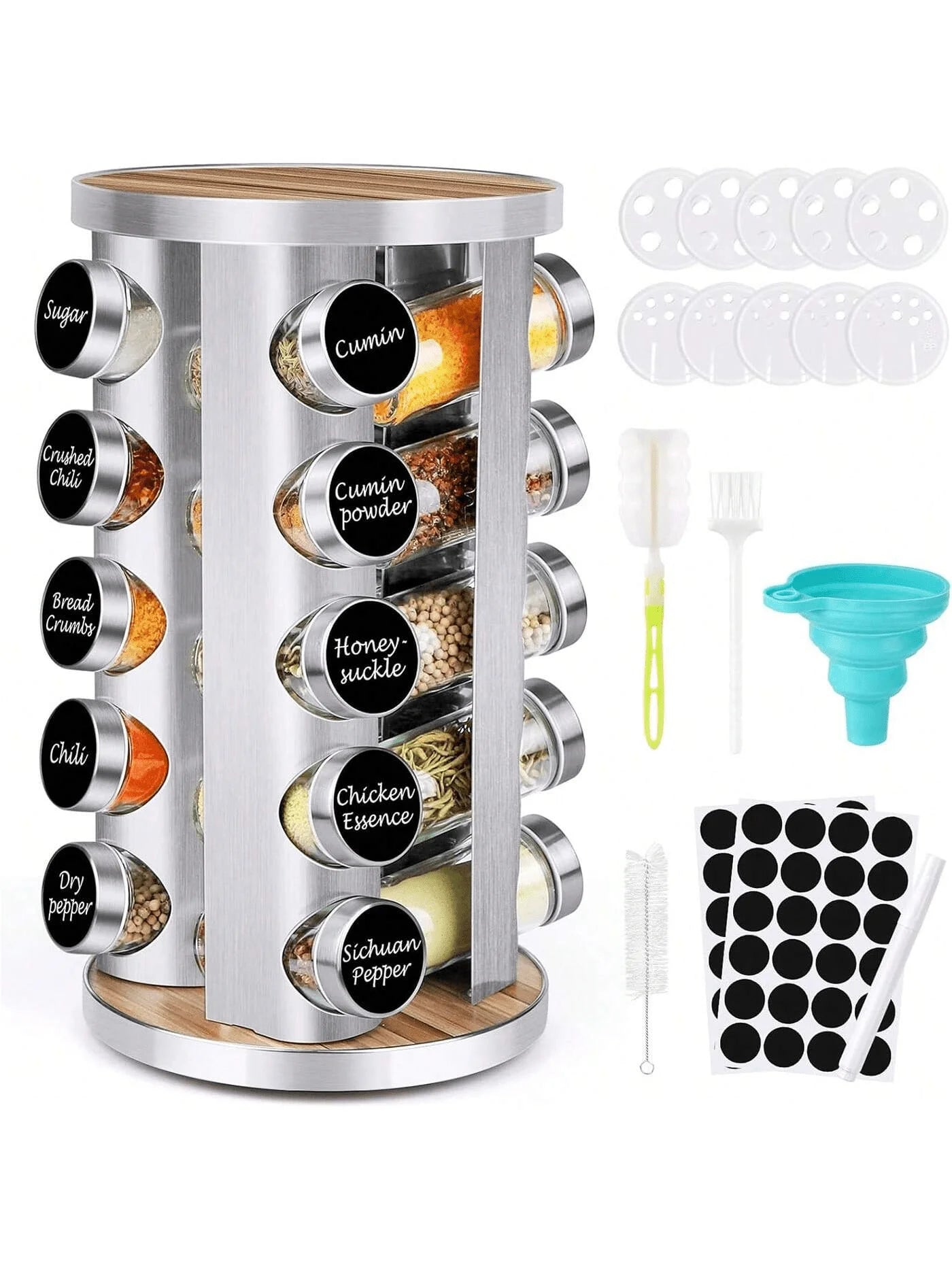 Spice Rack Organizer With Jars 20Pcs Revolving Stainless Steel Wood