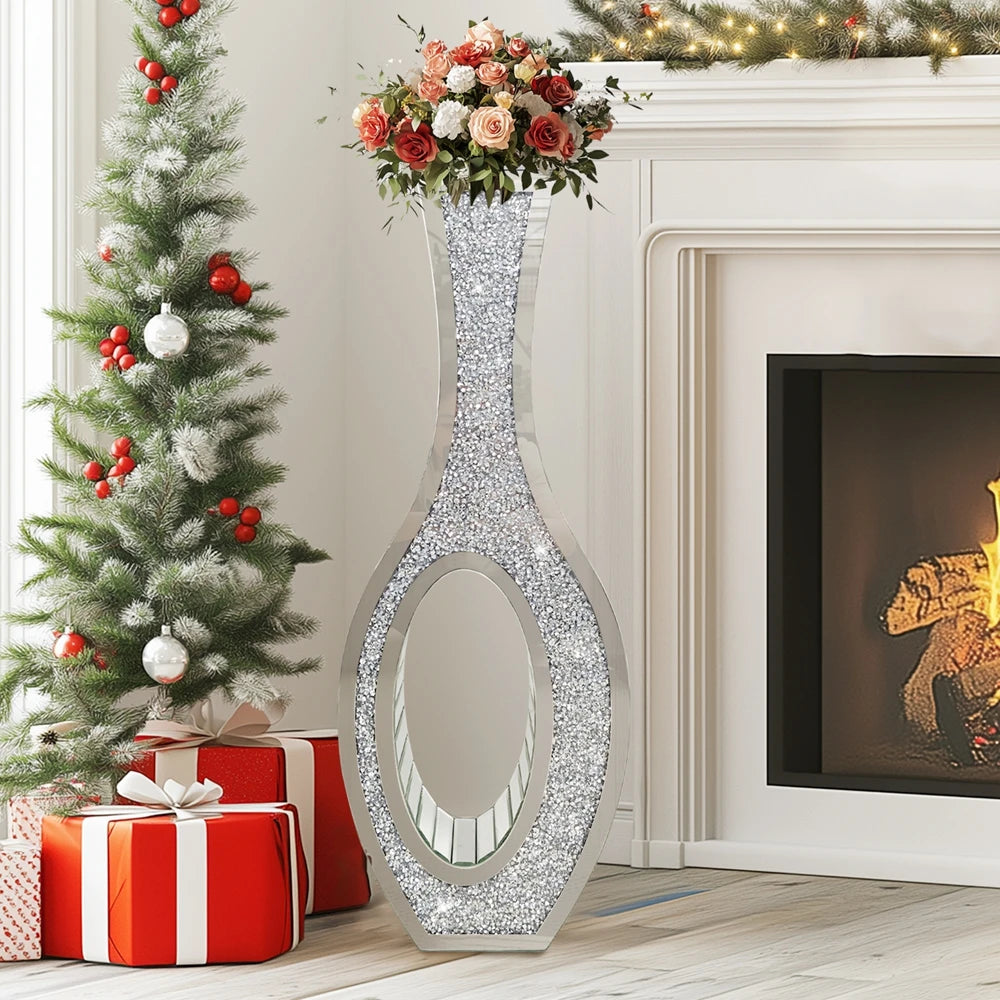 Mirrored Floor Vase With Crushed Diamond Decor For Modern Home