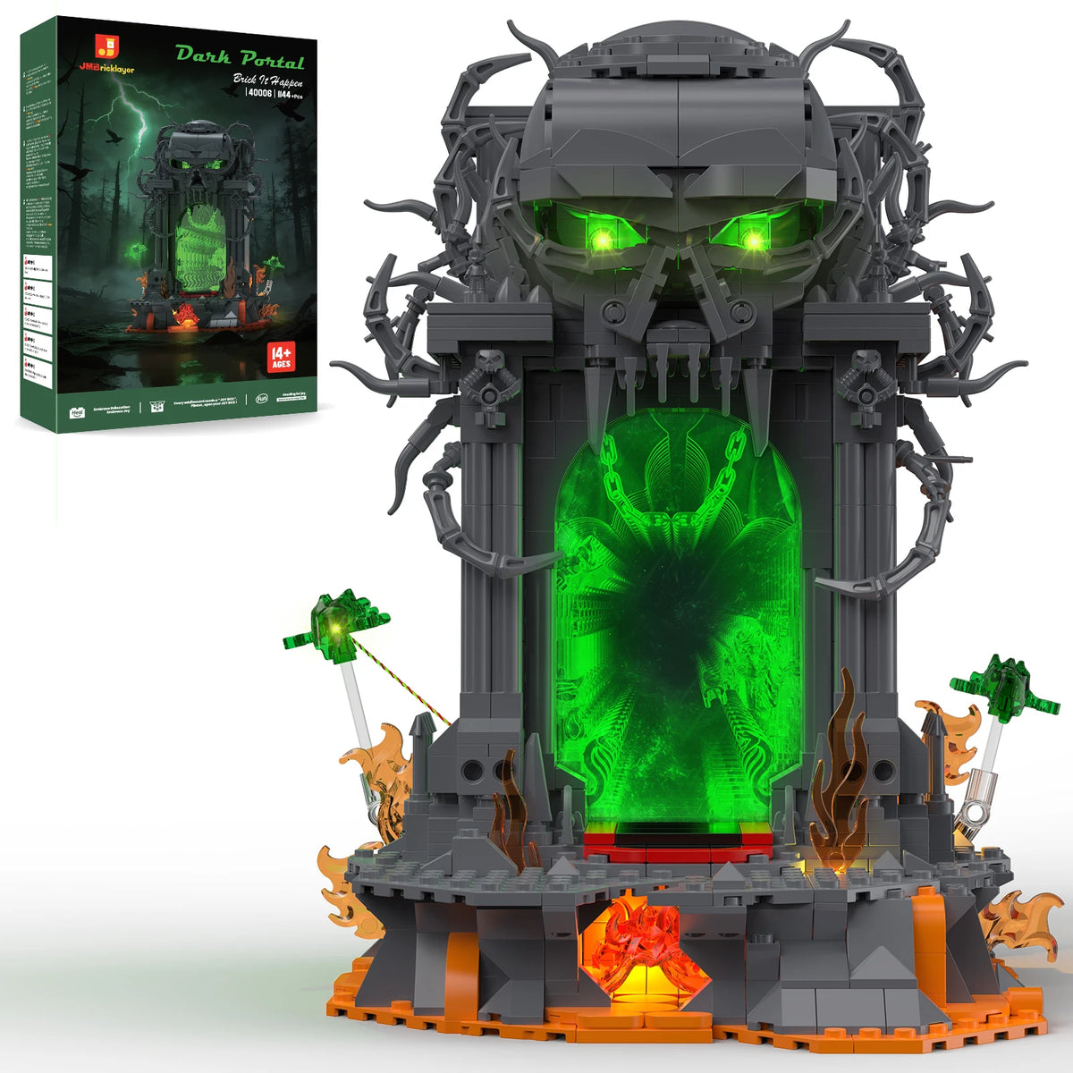 JMBricklayer 1144PCS Dark Portal LED Light Up Building Blocks Model Kit Gothic Skull Gate Fantasy Display for Adults Gamers Halloween Decor