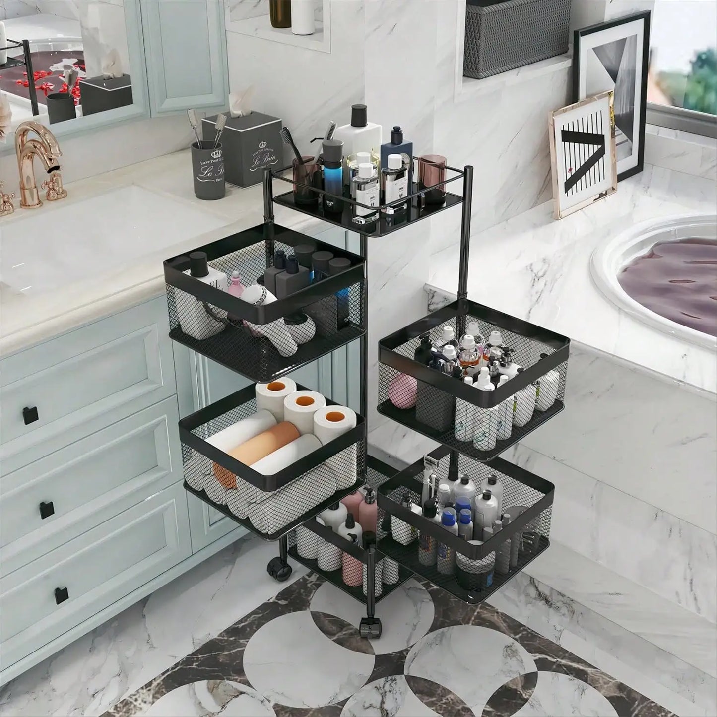 Five Tier Rotating Kitchen And Bathroom Rolling Storage Cart