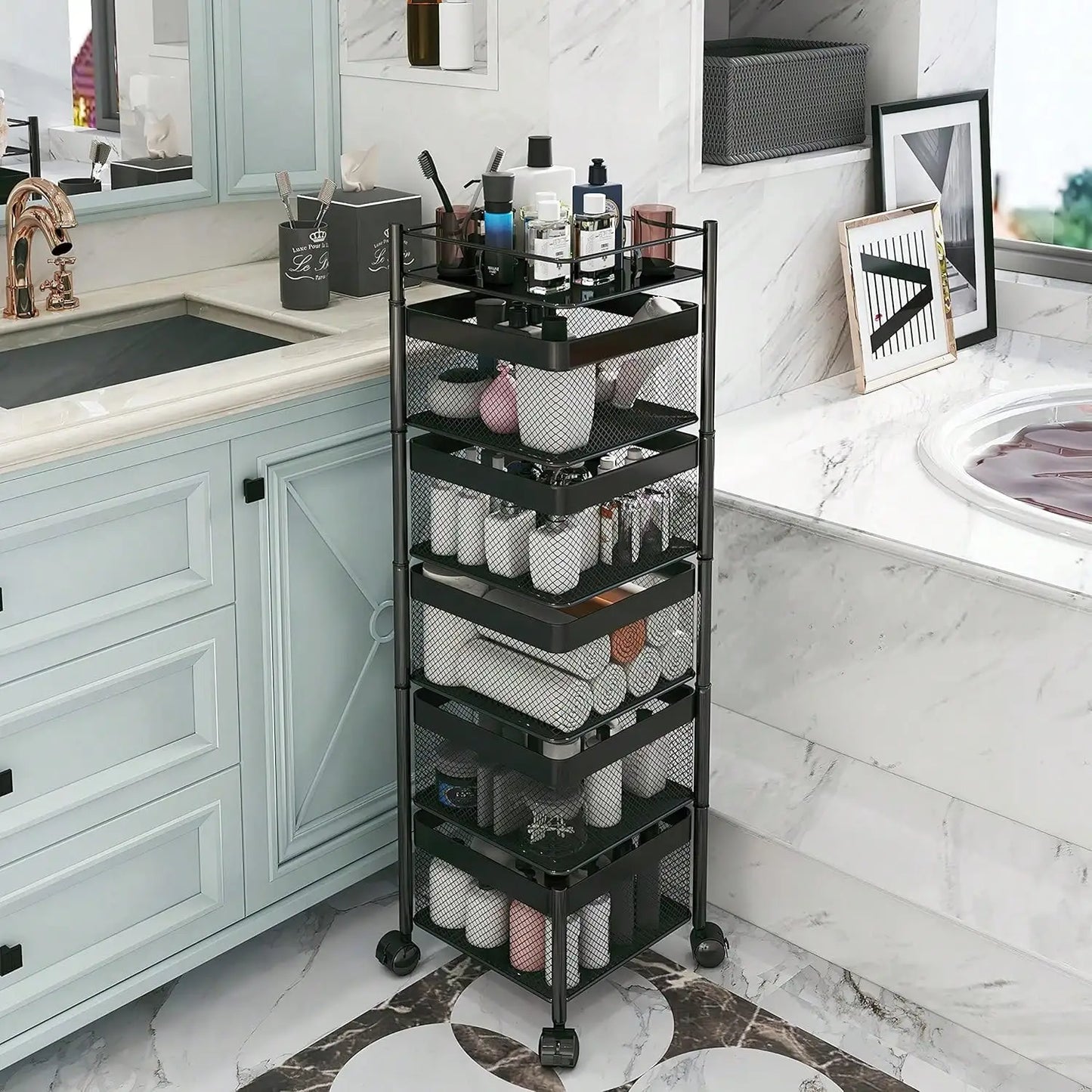Five Tier Rotating Kitchen And Bathroom Rolling Storage Cart