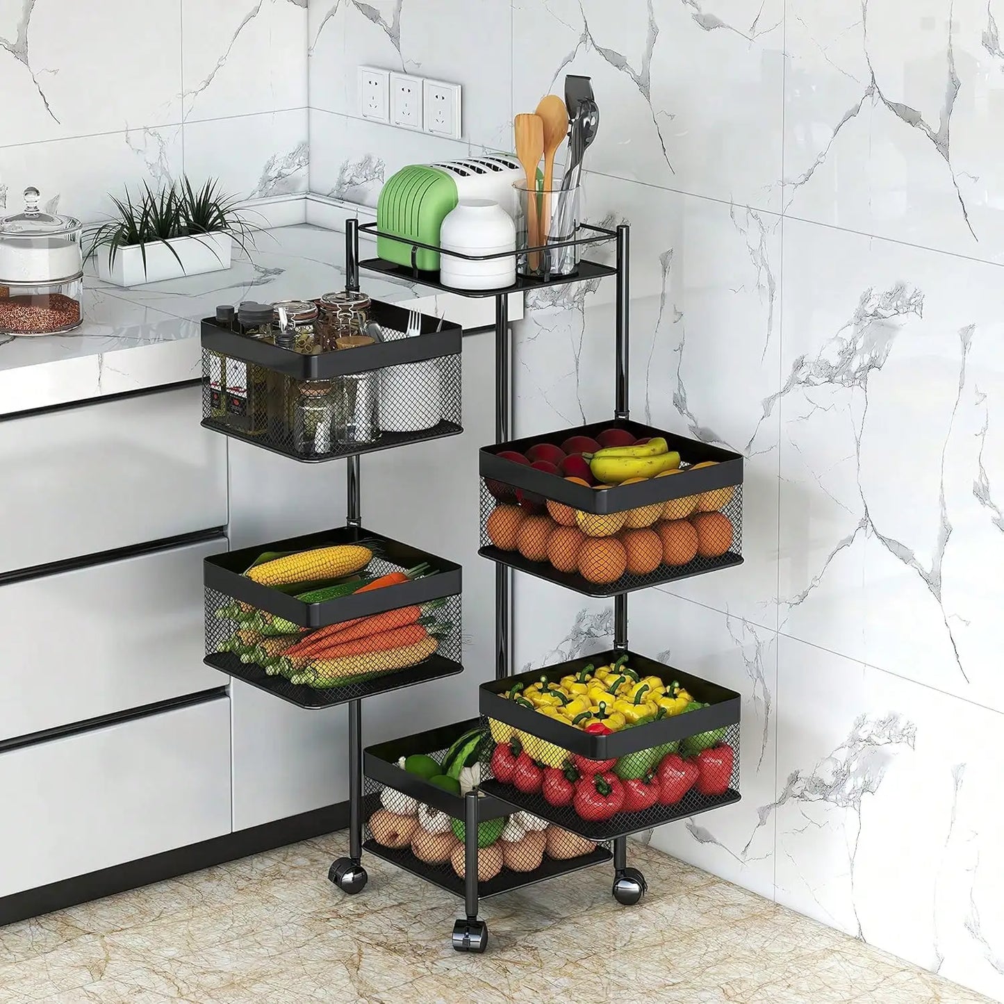 Five Tier Rotating Kitchen And Bathroom Rolling Storage Cart