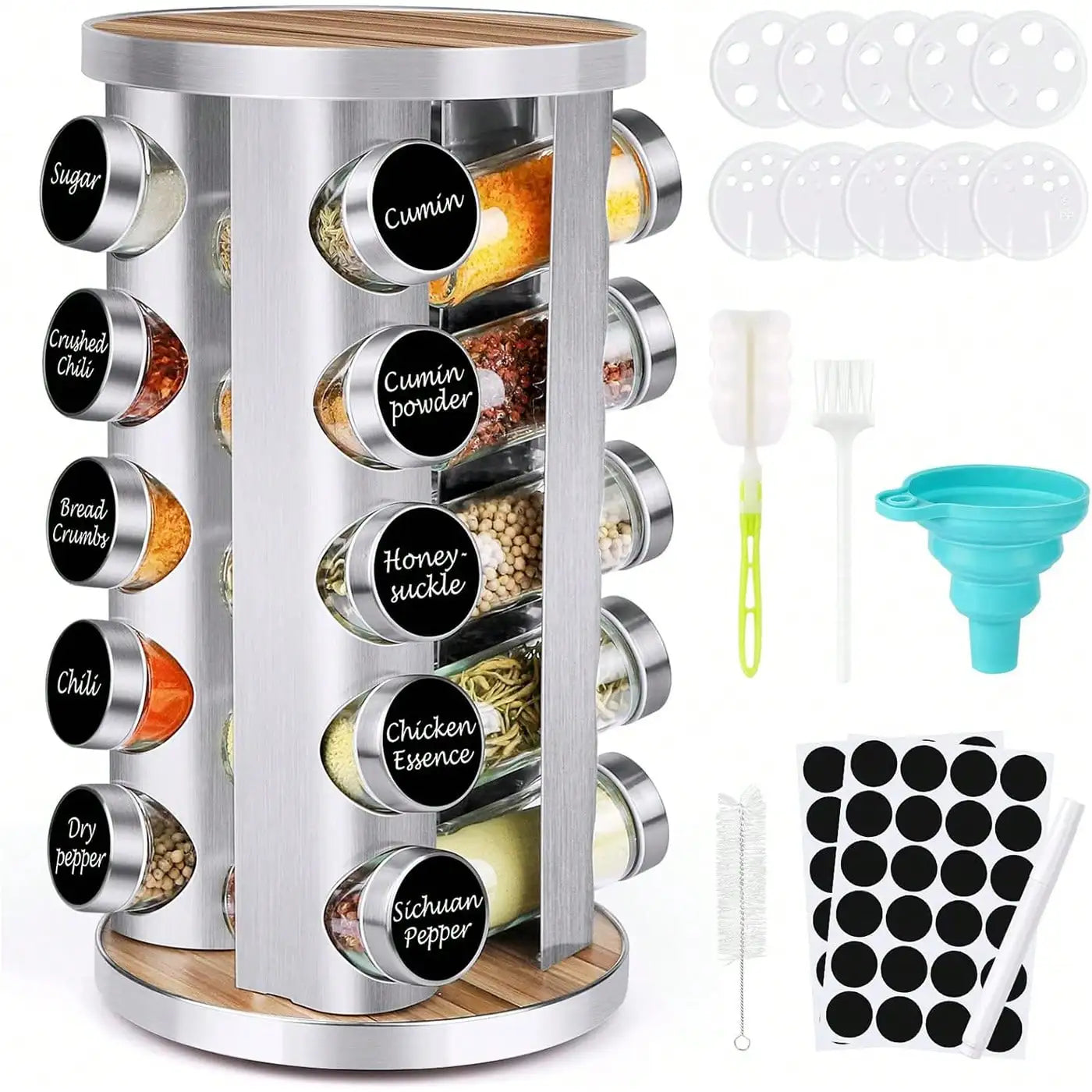Spice Rack Organizer With Jars 20Pcs Revolving Stainless Steel Wood
