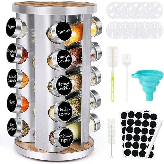 Spice Rack Organizer With Jars 20Pcs Revolving Stainless Steel Wood