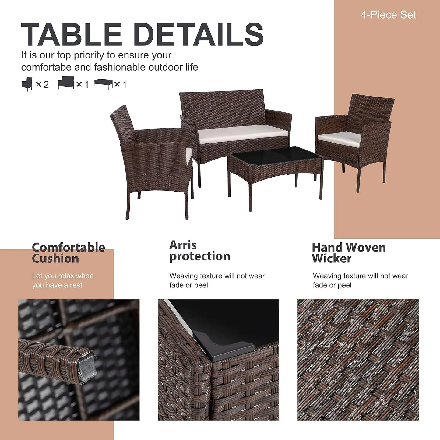 4 Piece Outdoor Patio Furniture Set, Wicker Rattan Patio Conversation Set, Outdoor Chairs and Loveseat with Coffee Table for Porch, Yard & Poolside (Brown)