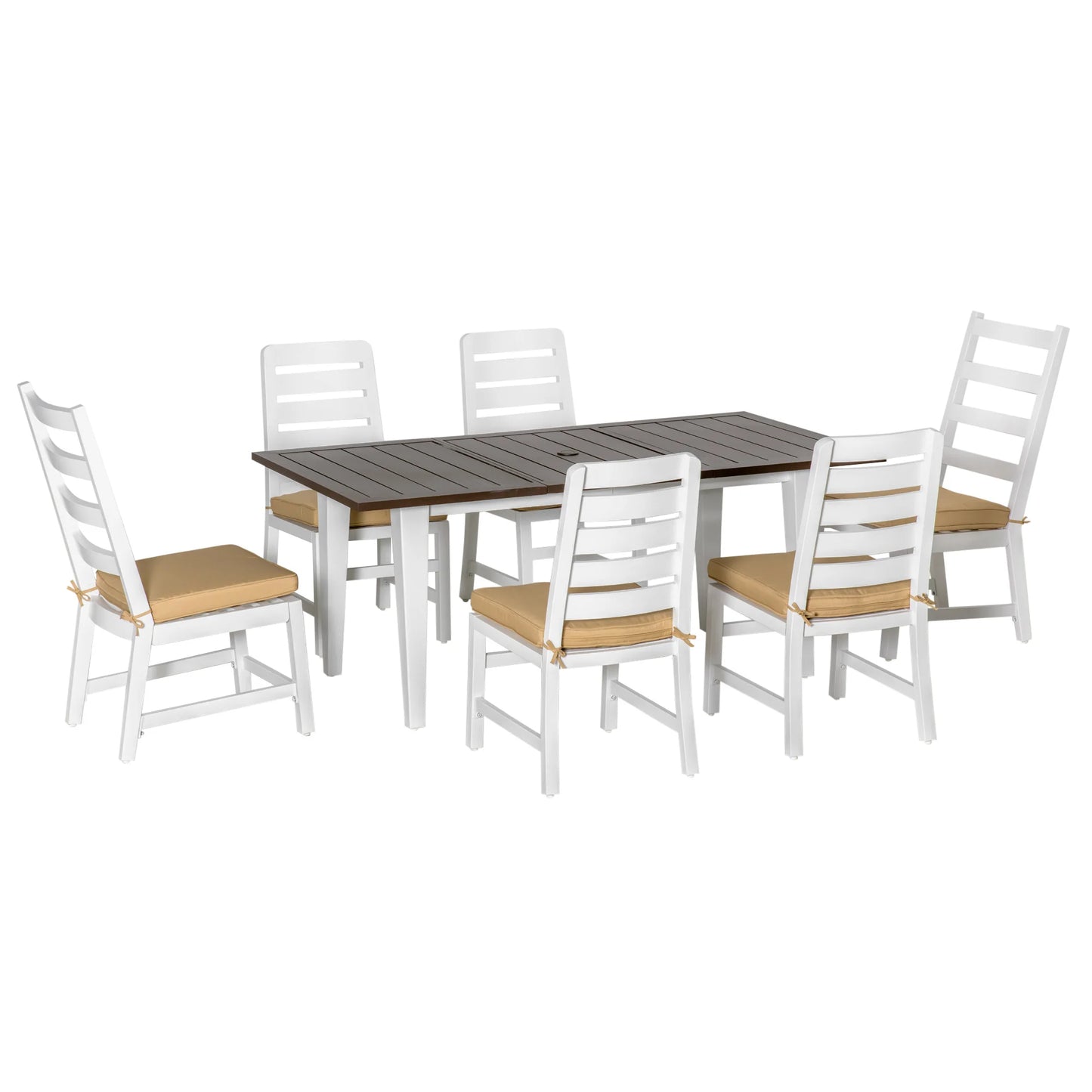 7 Pc Aluminum Outdoor Dining Furniture Set with Umbrella Hole & Seat Cushion