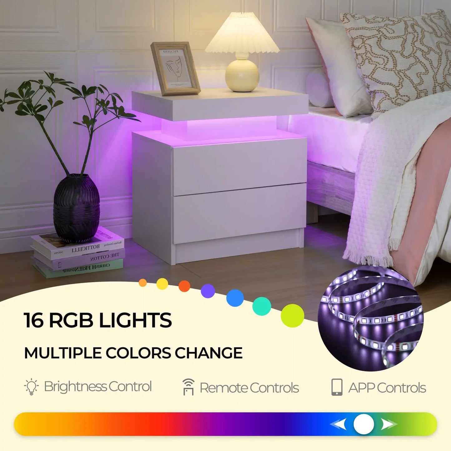 Cubehom LED Nightstand With 2 Drawers And RGB Lighting