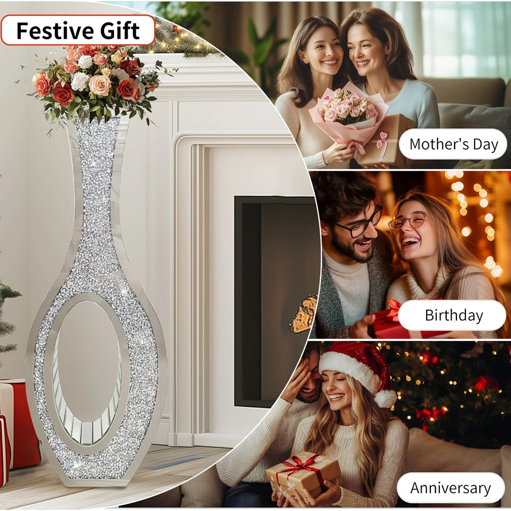 Mirrored Floor Vase With Crushed Diamond Decor For Modern Home