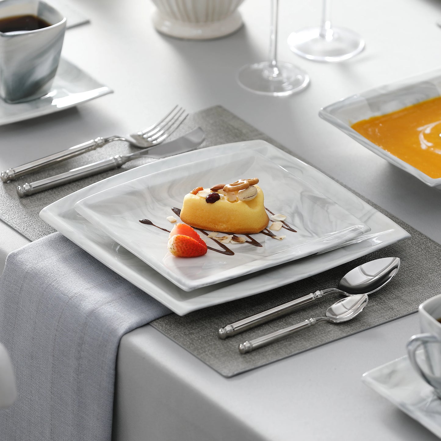 MALACASA Marble Grey Porcelain Dinnerware Set Service For 12