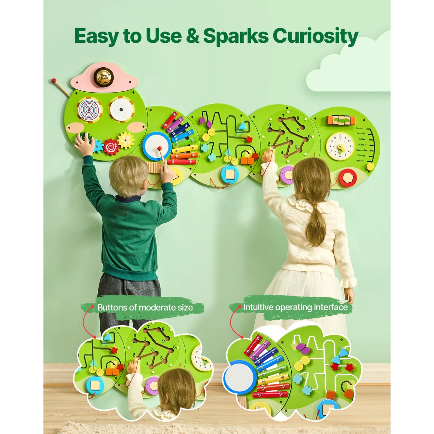 SucceBuy Caterpillar Kids Wall Busy Board Montessori Sensory Panel