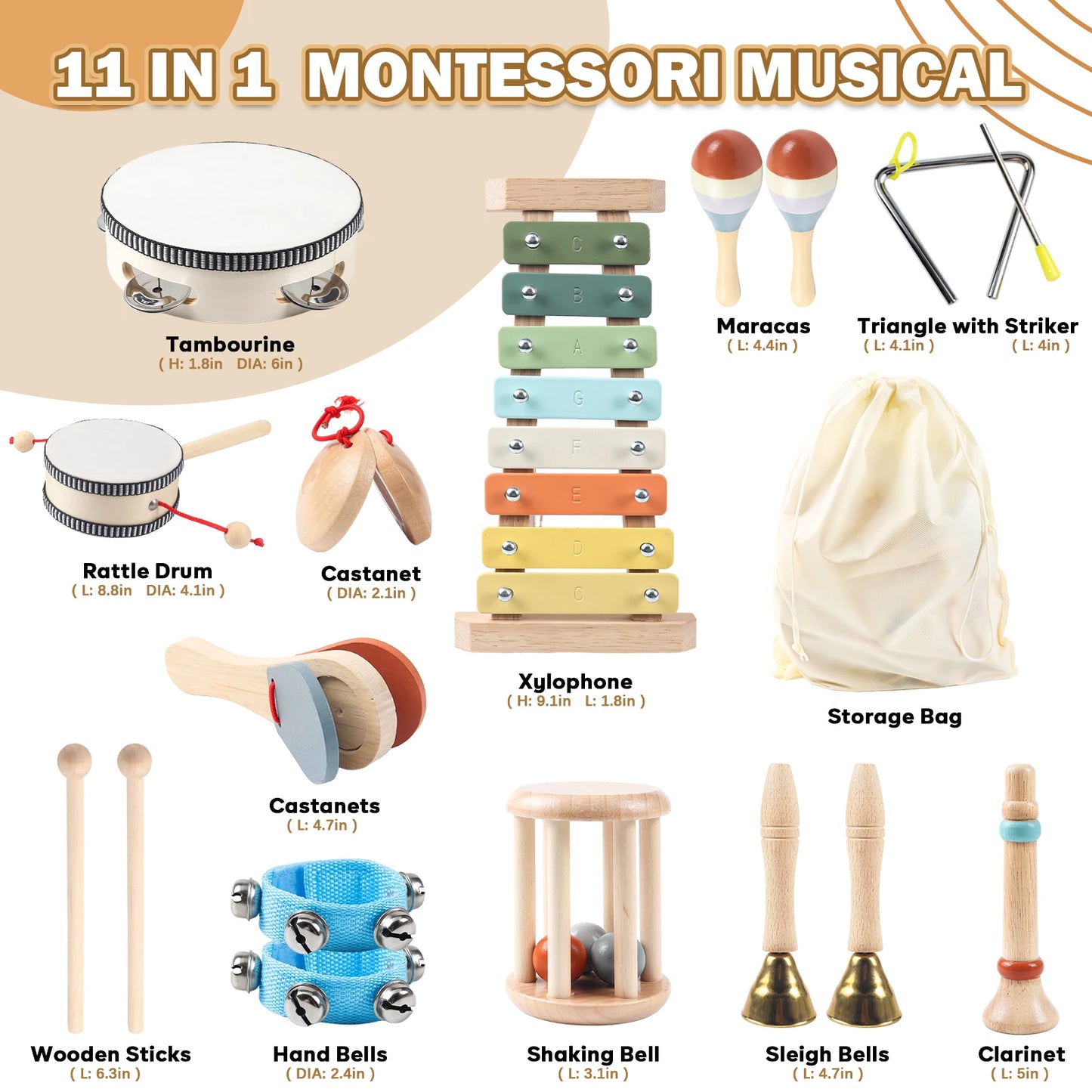 11 in 1 Toddler Wooden Musical Instrument Set for Kids