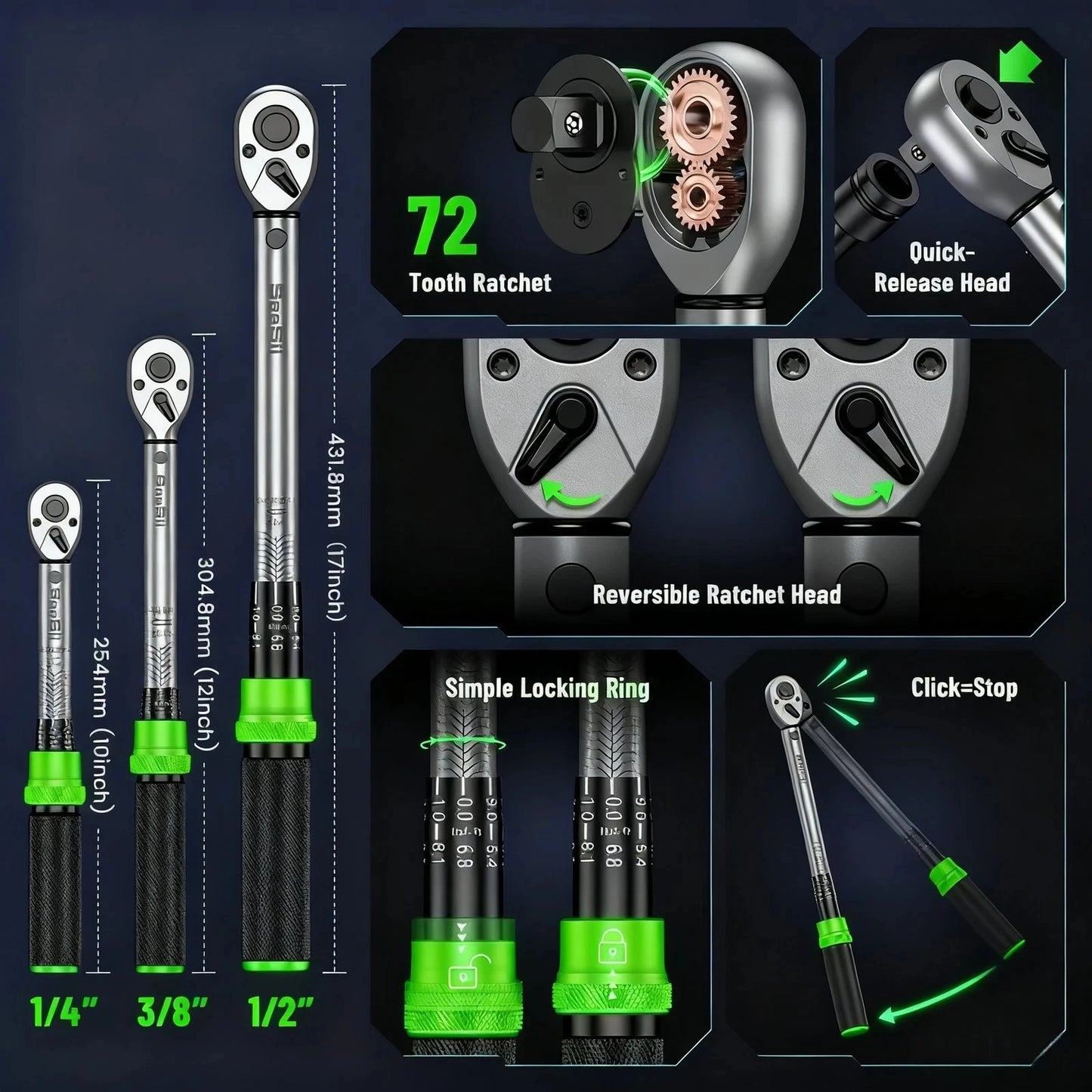 Torque Wrench Kit 1/4 3/8 1/2 Inch With 72 Tooth Dual Scales