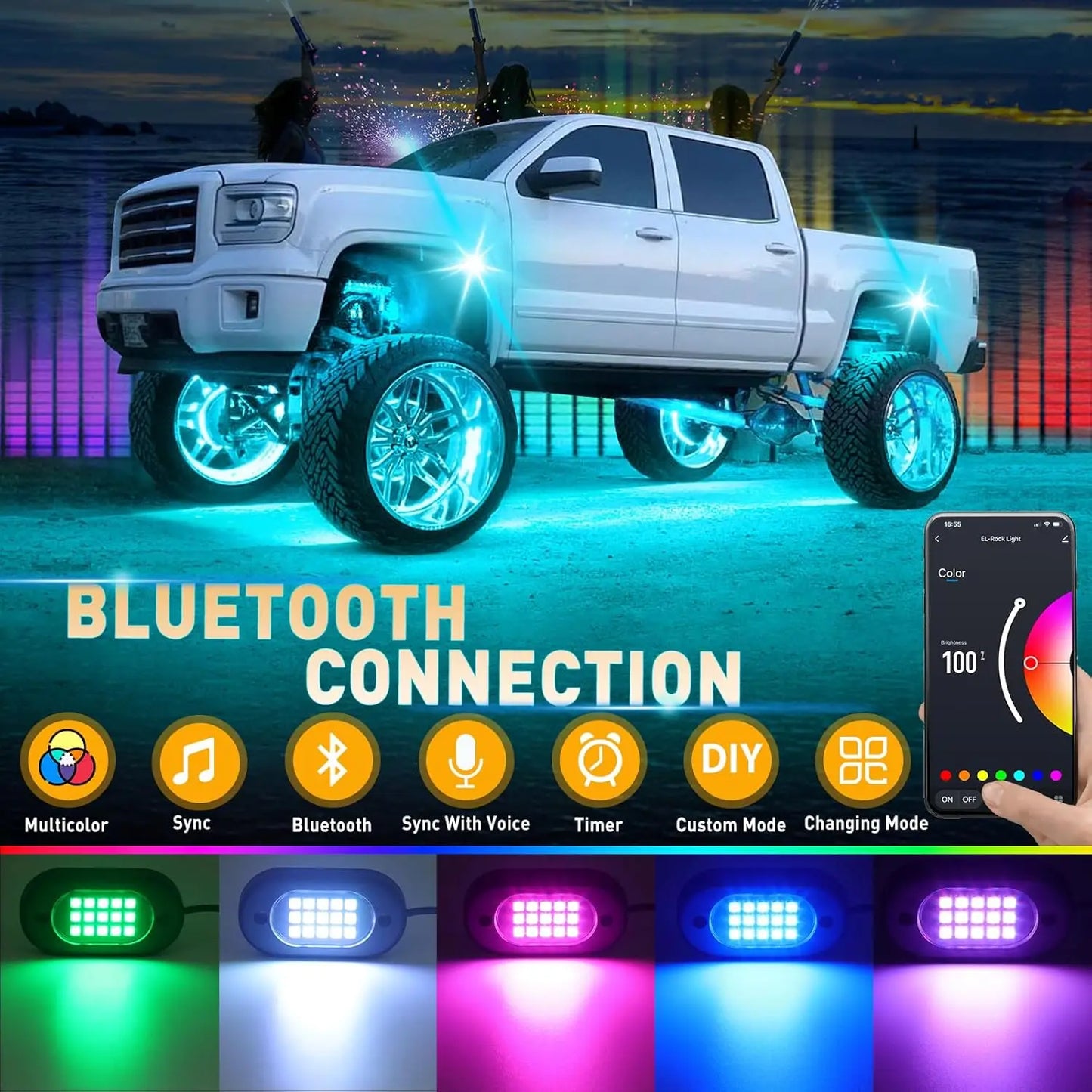 Yilaie RGB Rock Lights For Trucks App And Remote IP68