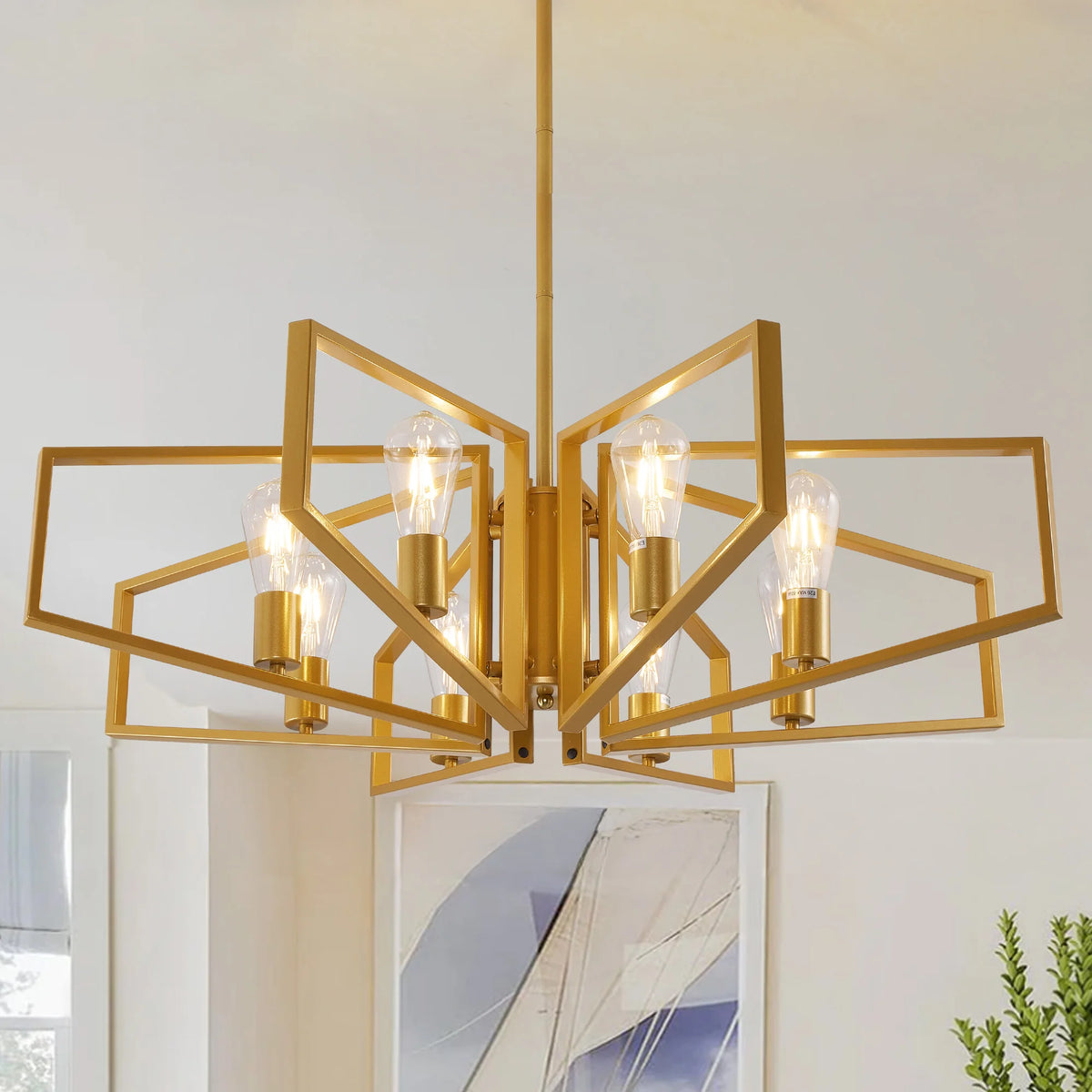 Modern 8 Light Geometric Chandelier With Adjustable Height Metal Pendant