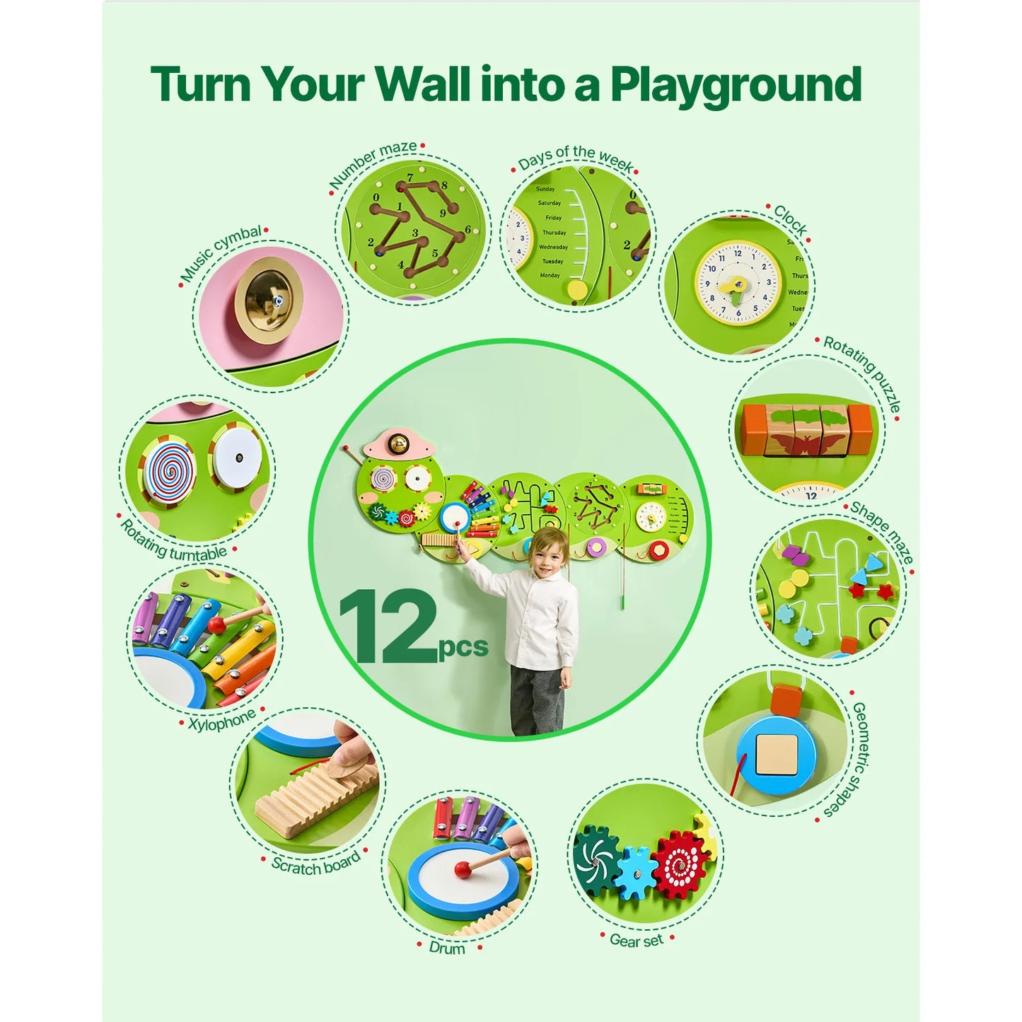 SucceBuy Caterpillar Kids Wall Busy Board Montessori Sensory Panel