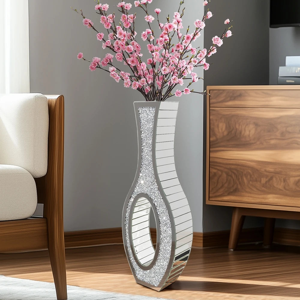 Mirrored Floor Vase With Crushed Diamond Decor For Modern Home