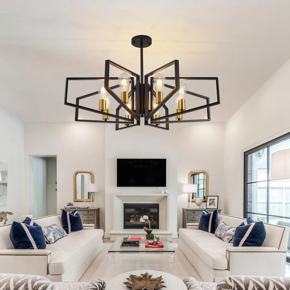 Modern 8 Light Geometric Chandelier With Adjustable Height Metal Pendant