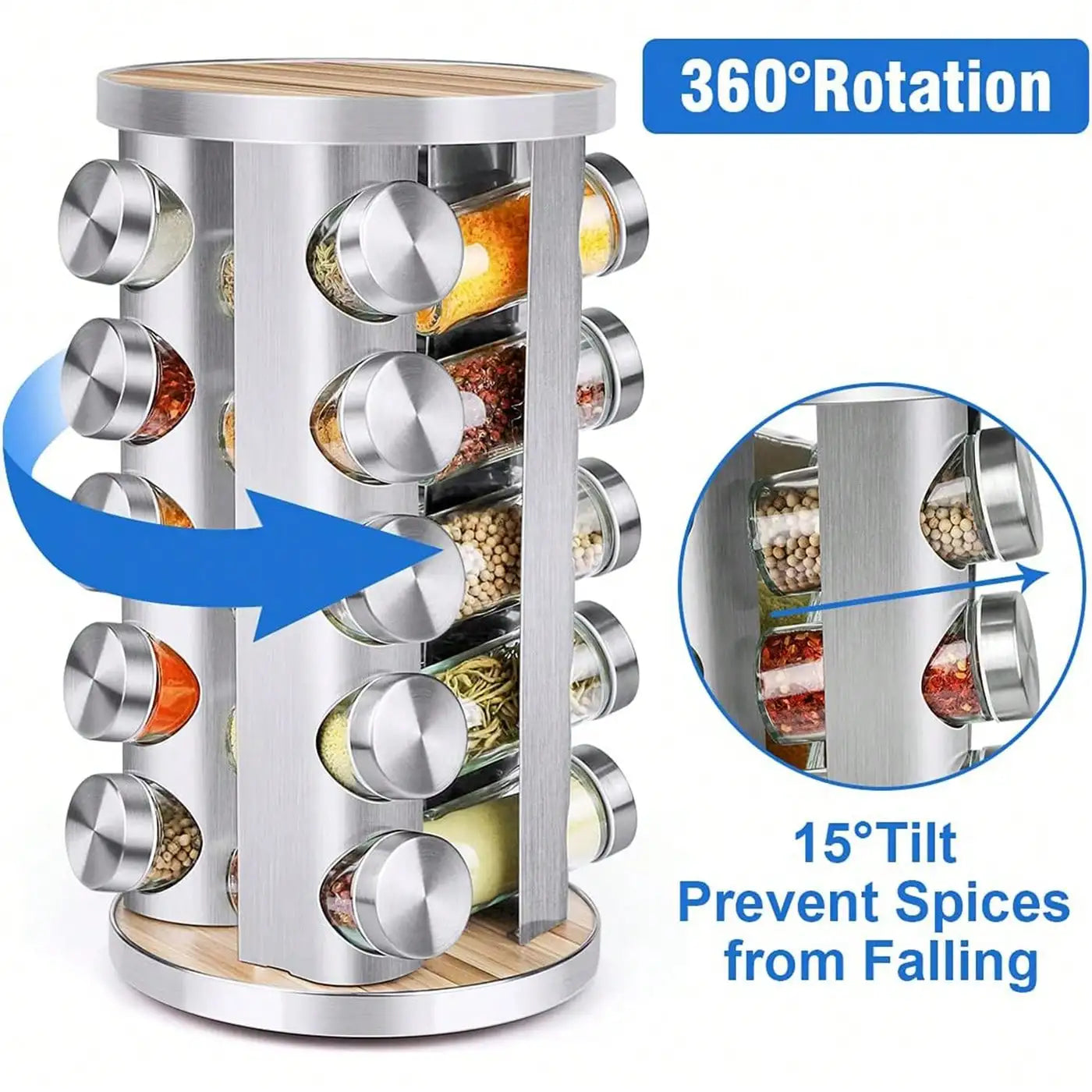 Spice Rack Organizer With Jars 20Pcs Revolving Stainless Steel Wood