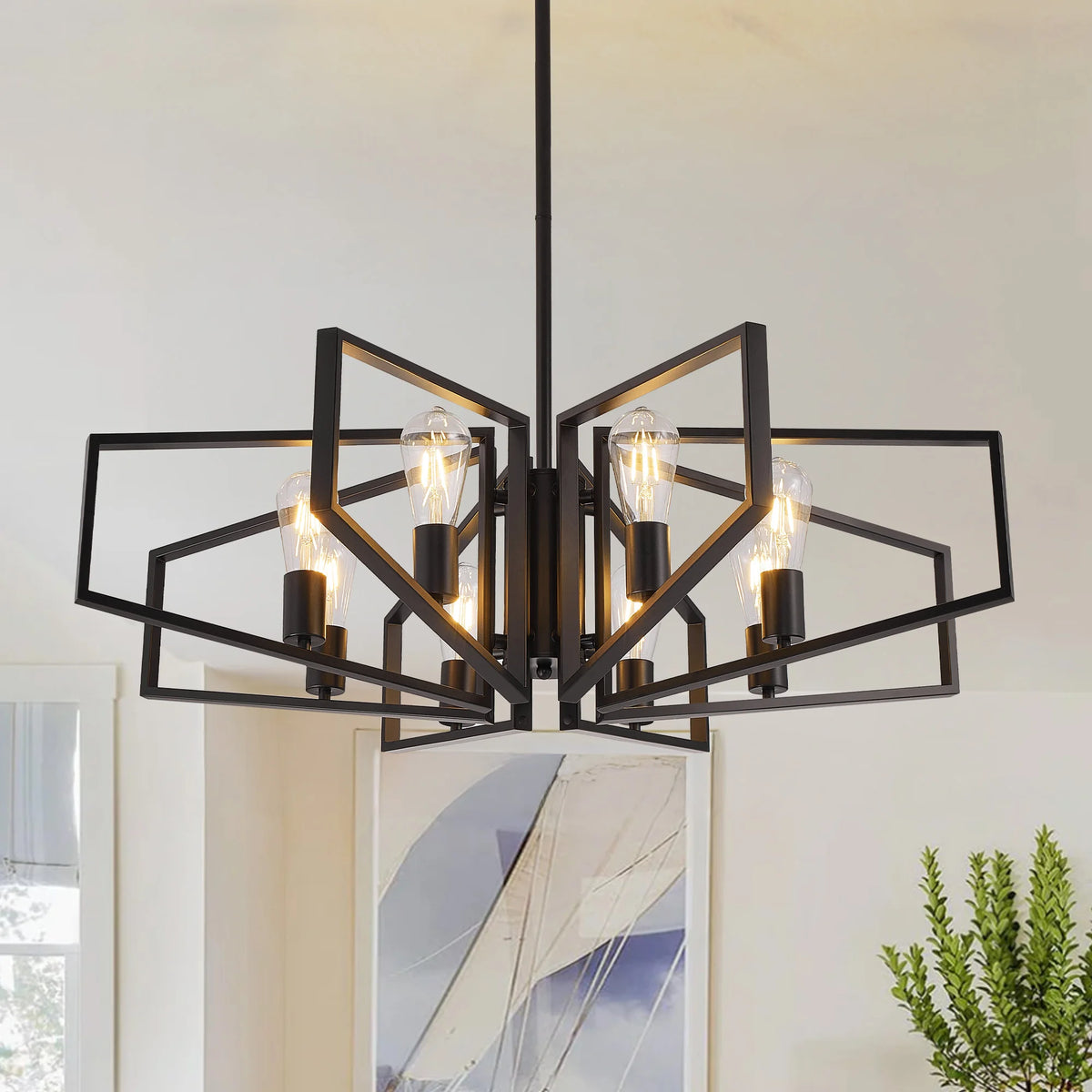 Modern 8 Light Geometric Chandelier With Adjustable Height Metal Pendant
