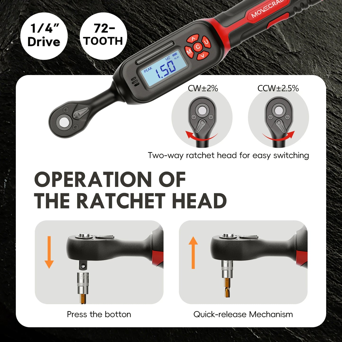 MoveCrab Torque Wrench One Quarter Inch Drive With LED Display And 40 Socket Set