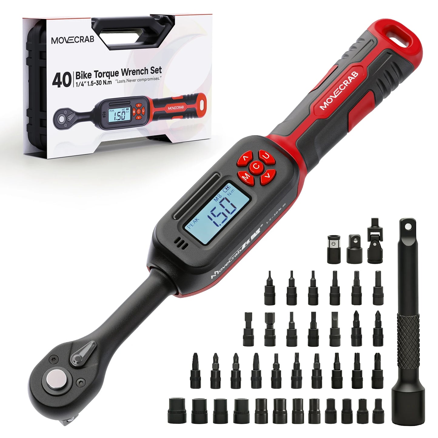 MoveCrab Torque Wrench One Quarter Inch Drive With LED Display And 40 Socket Set