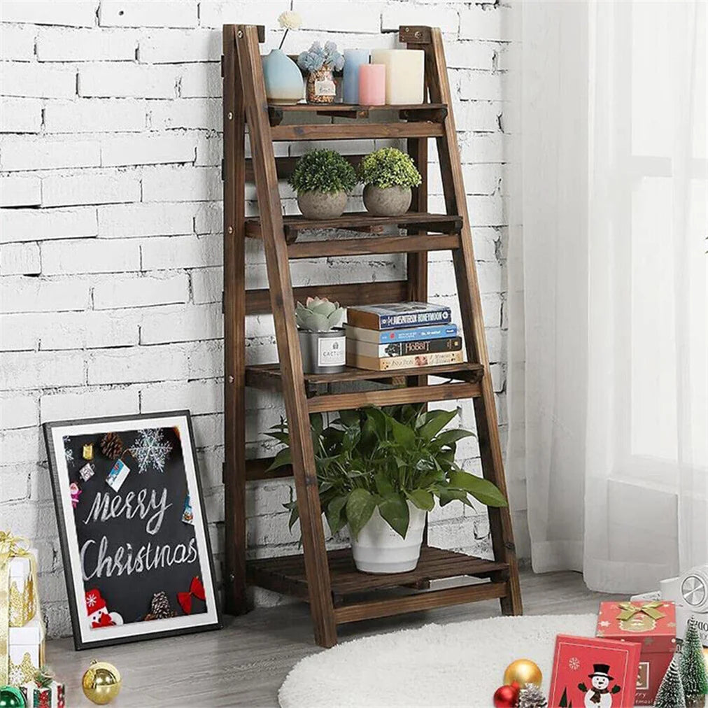 Wooden Folding Four Tier Ladder Shelf Display Rack