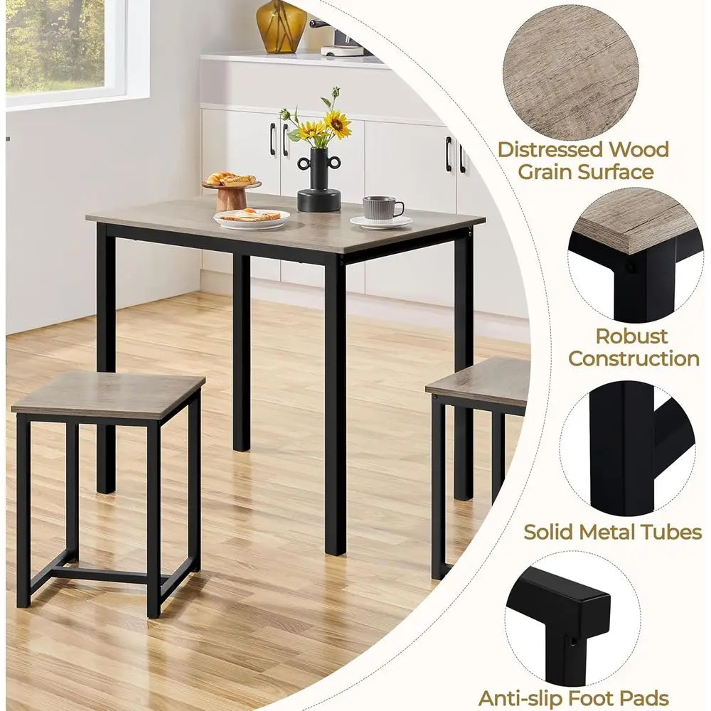Industrial 3-Piece Dining Table Set With Space Saving Design