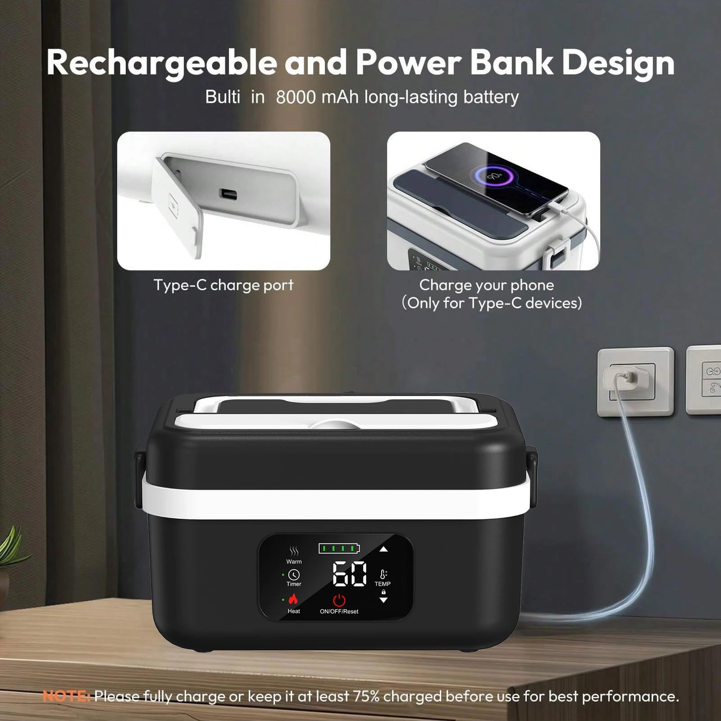 Wireless Insulated Lunch Box 1L 8000mAh Battery 60W Heating