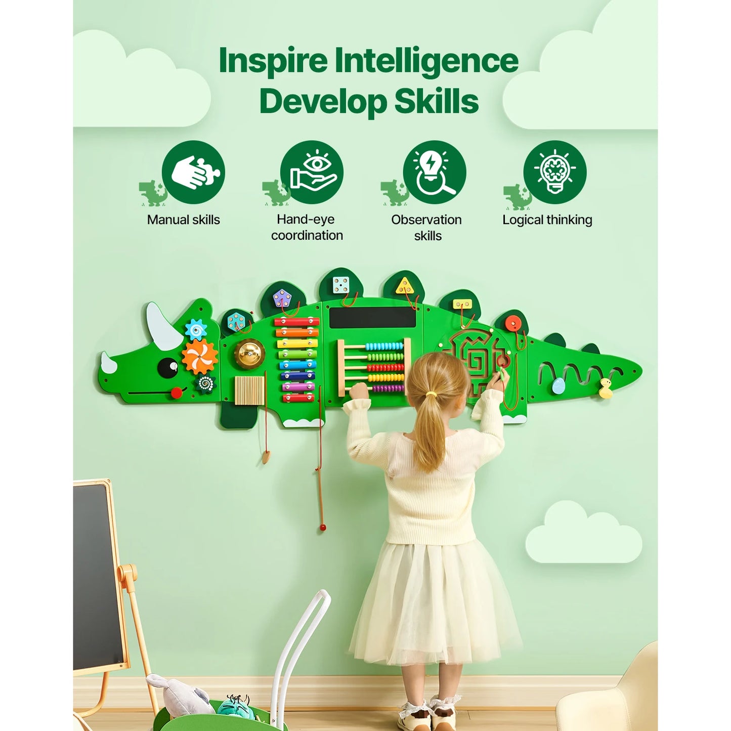 Dinosaur Kids Busy Wall Board With 11 Activity Panels Montessori