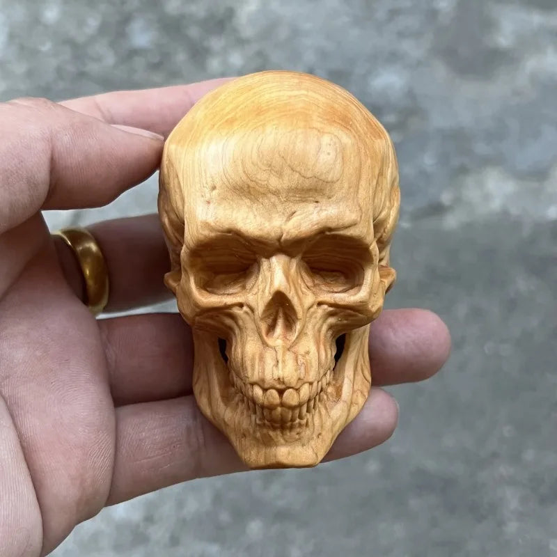 Hand-Carved Cypress/Boxwood Skull - 3.5" Gothic Style Wood Carving, Halloween Decor, Desktop Ornament, Pocket Figurine