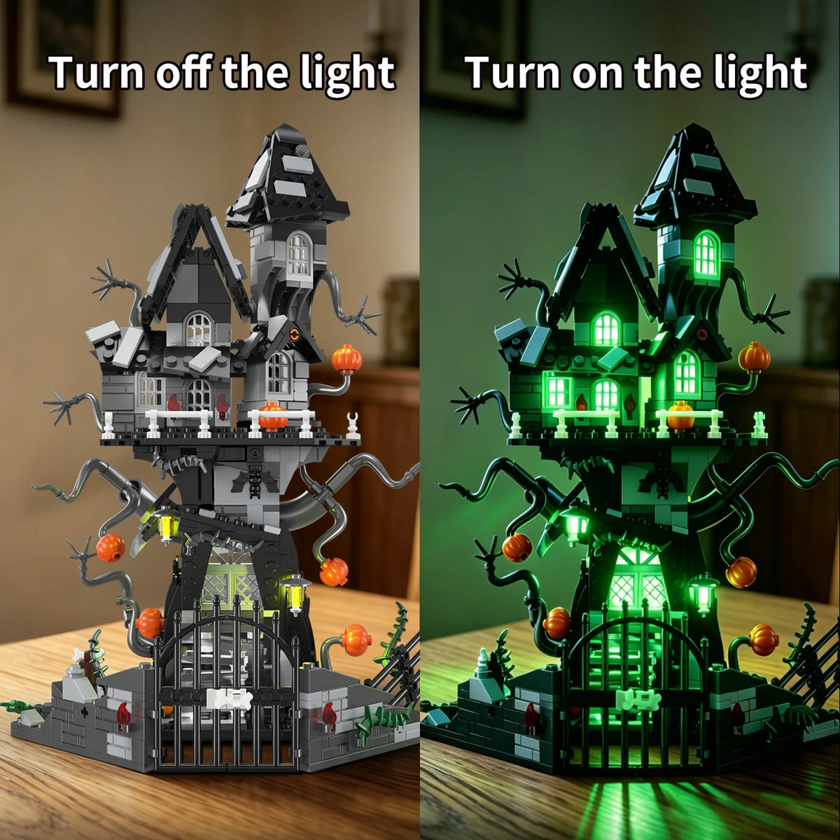 Classic The Evil Monster Haunted House Building Blocks with Lights Horror Pumpkin House Architecture Halloween Decor Toys Gifts