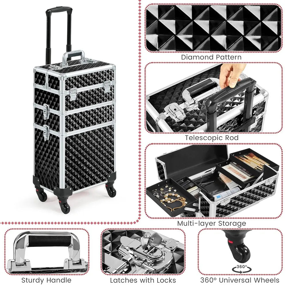 YTYIN Yah Rolling Makeup Train Case With Swivel Wheels