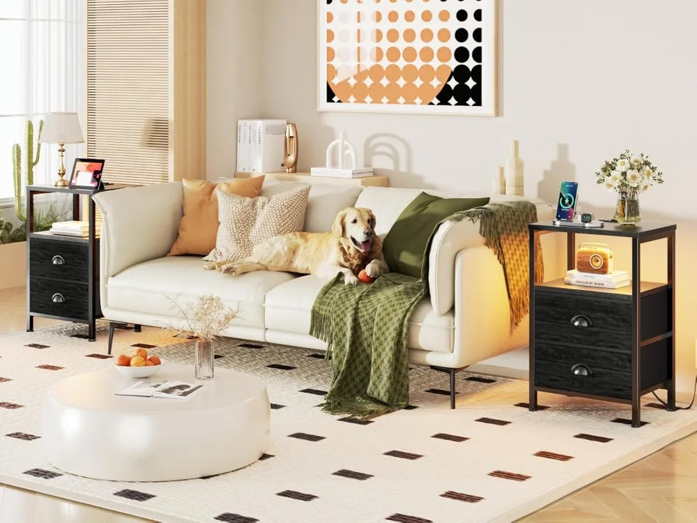 Nightstands Set Of 2 With Charging Station And LED Lights