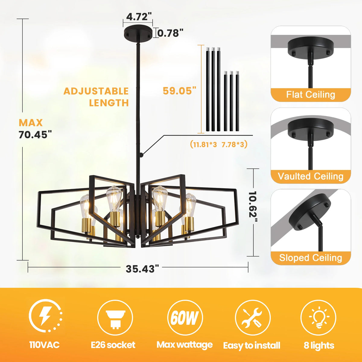 Modern 8 Light Geometric Chandelier With Adjustable Height Metal Pendant