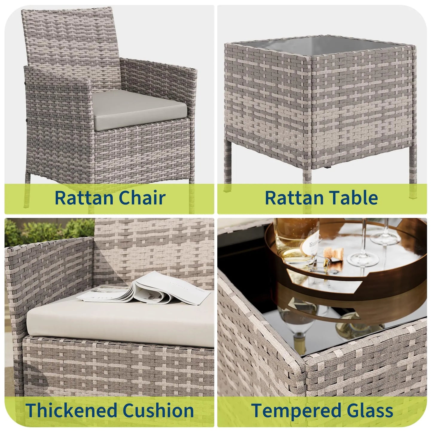 3-Piece Patio Furniture Set, PE Rattan Wicker Chairs With Cushions & Glass Table For Balcony Porch Poolside Garden Backyard