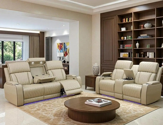 Leather Power Recliner Sofa Set With Drop Down Table