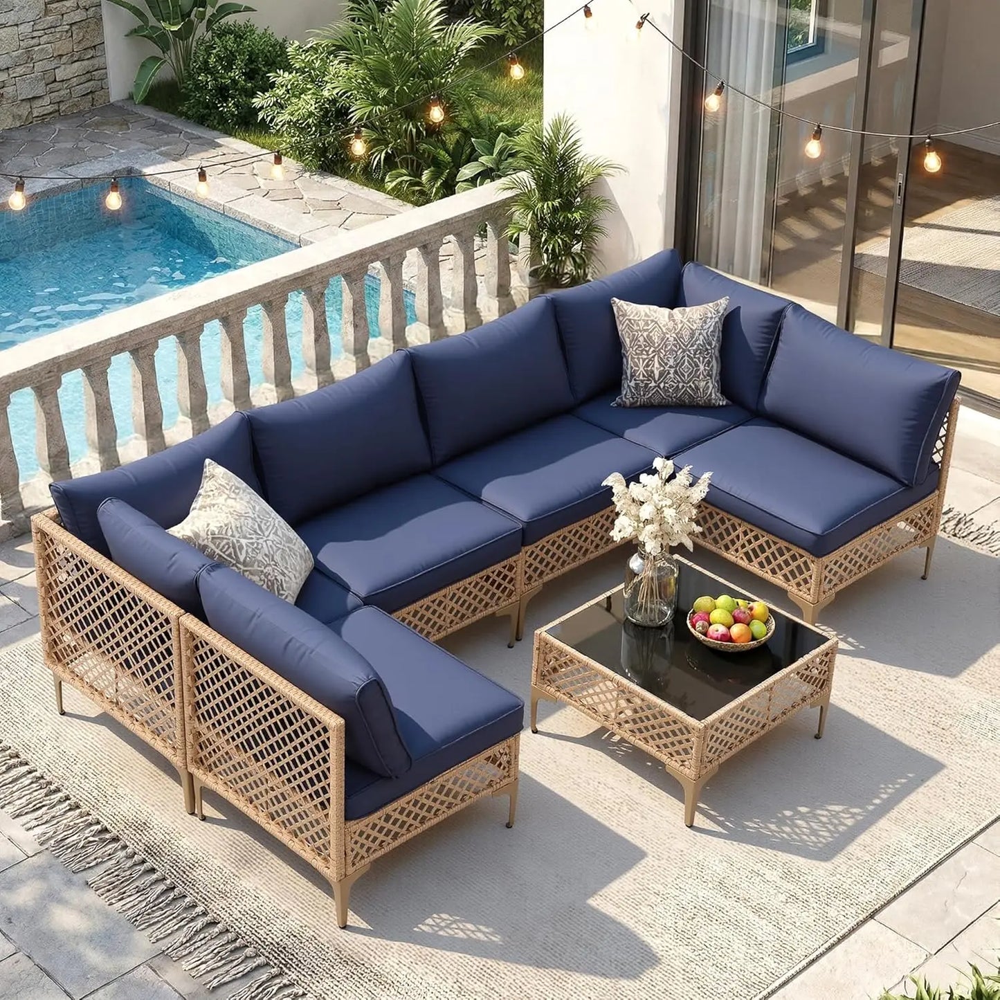 Outdoor Wicker Patio Sectional Sofa Set With Glass Coffee Table