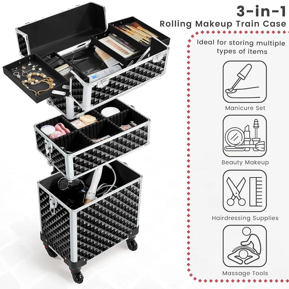 YTYIN Yah Rolling Makeup Train Case With Swivel Wheels