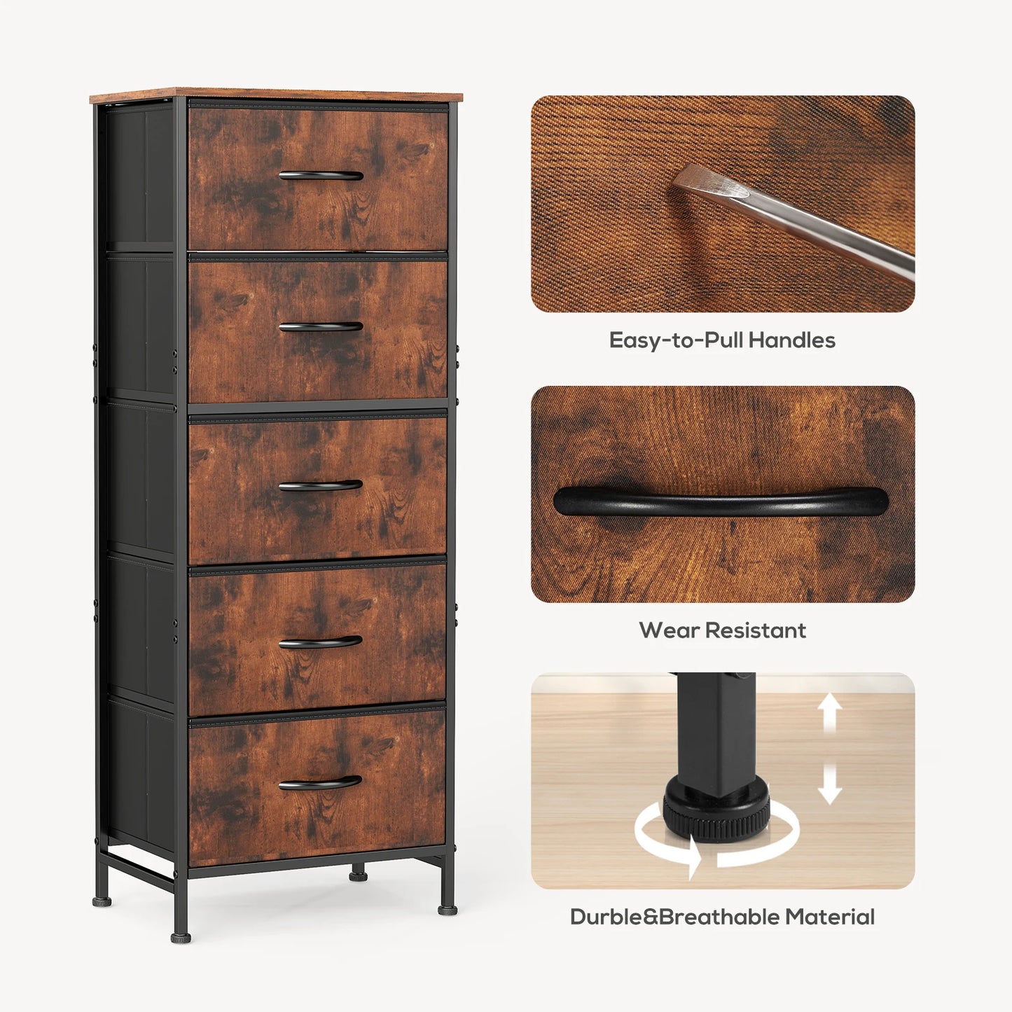 JHK Dresser With Five Fabric Drawers For Bedroom Storage
