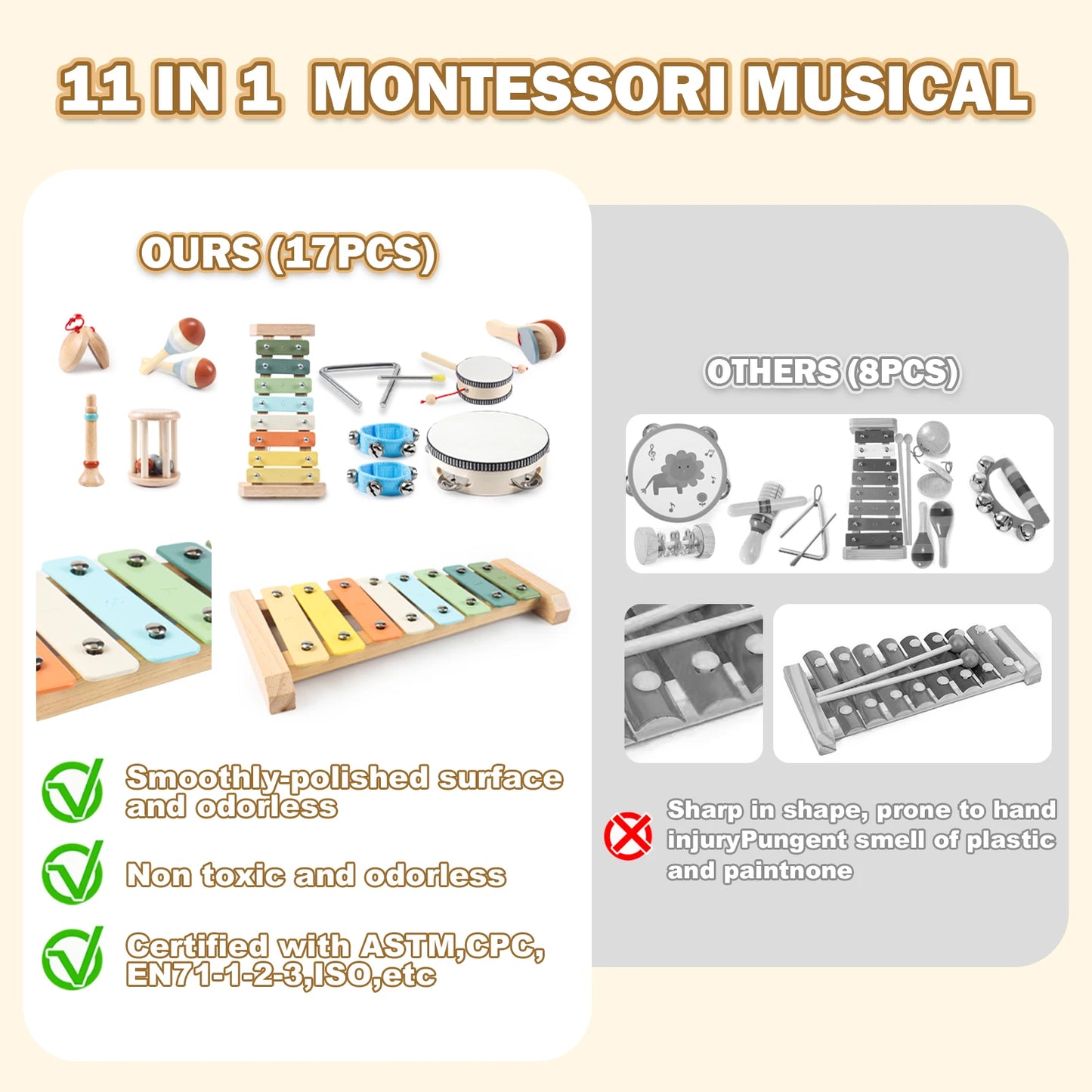 11 in 1 Toddler Wooden Musical Instrument Set for Kids