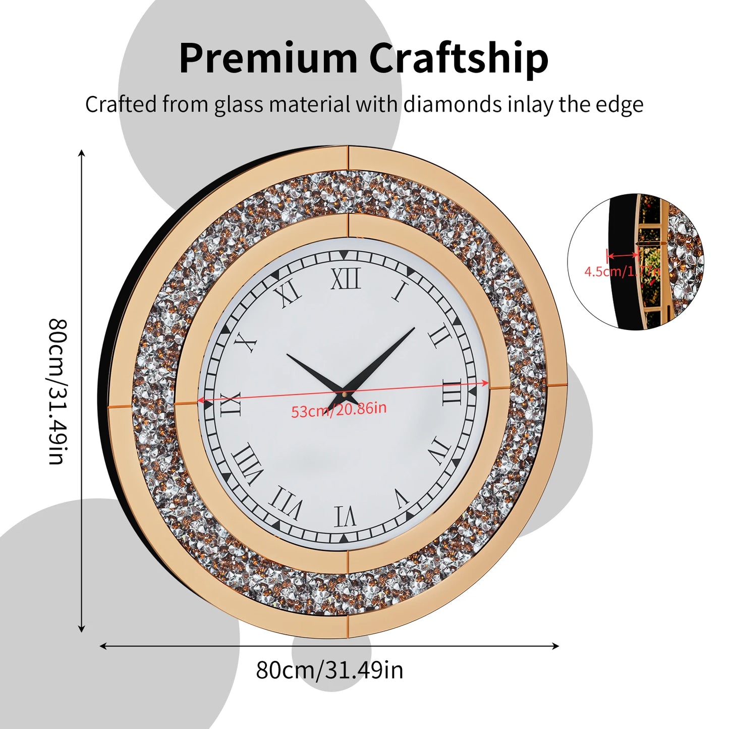 Round Mirror Wall Clock With Crystals Sparkle Diamond Design