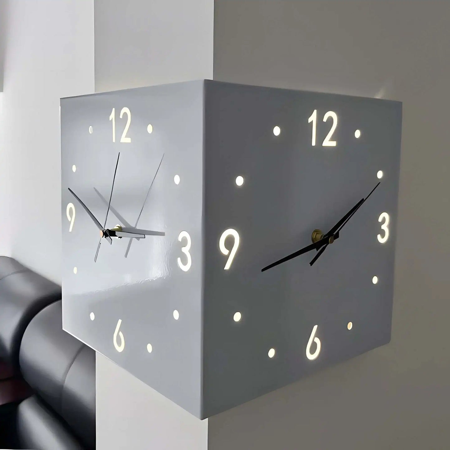 Double Sided Luminous Corner Wall Clock Modern Silent Timepiece