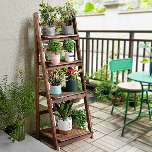 Wooden Folding Four Tier Ladder Shelf Display Rack
