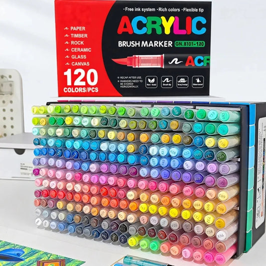 120 Color Acrylic Markers With Soft-Tip Brush Pens For Surfaces