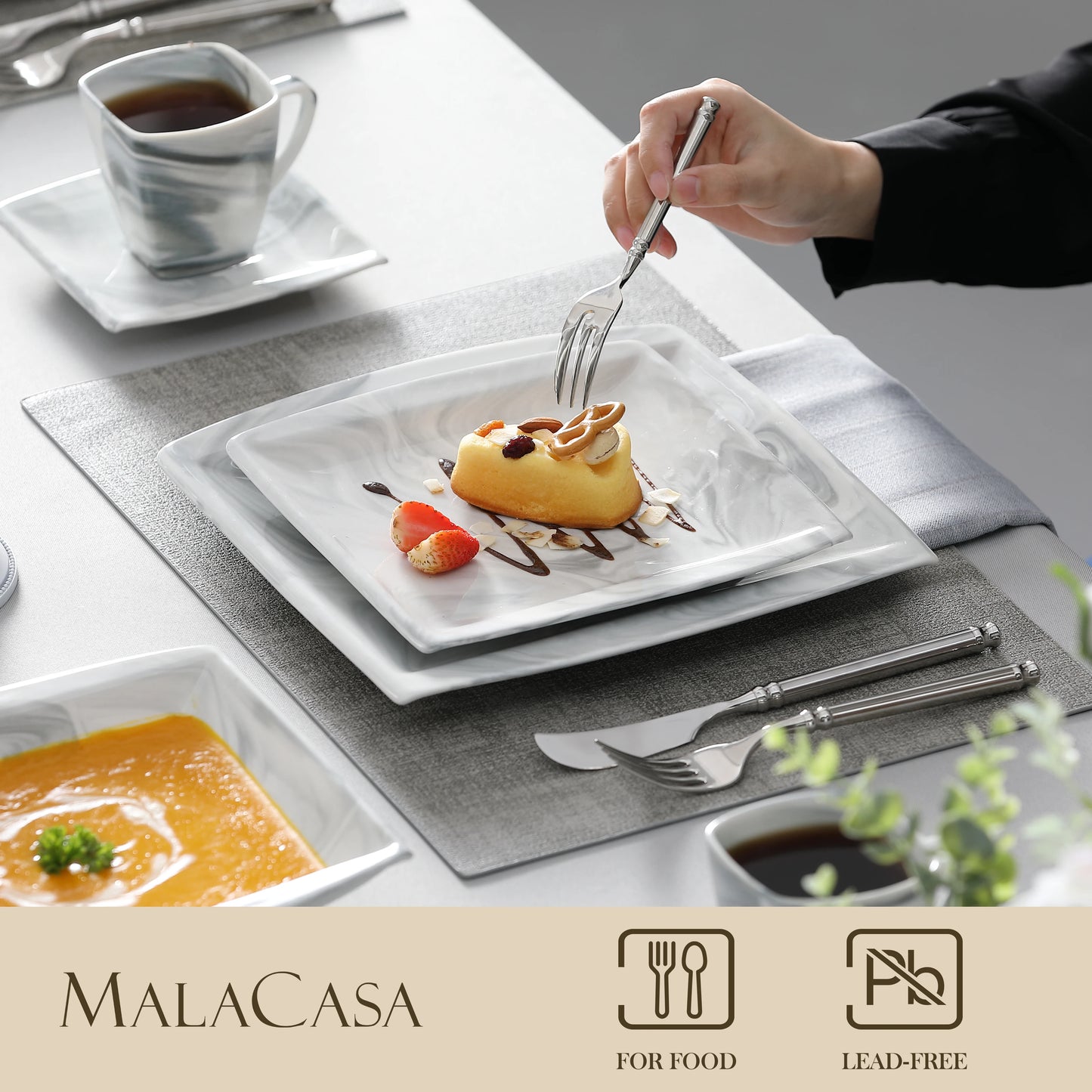 MALACASA Marble Grey Porcelain Dinnerware Set Service For 12